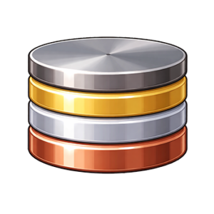 A stack of four shiny metal discs in different colors: silver on top, followed by gold, silver, and copper at the bottom, on a plain white background.