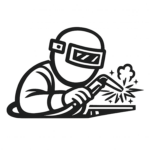 Black and white illustration of a person wearing a welding helmet and gloves, using a welding torch with sparks flying from a metal surface—perfect for representing skilled field services in action.