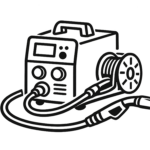 Black and white illustration of a welding machine with a digital display, control buttons, and hoses connected to a wire spool and welding torch.