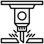 Black and white line drawing of a CNC or laser cutting machine head cutting through a material, with sparks or lines indicating the cutting process.