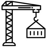 Black and white line drawing of a construction crane lifting a rectangular shipping container. The crane has a tall lattice structure and the container hangs from a hook.