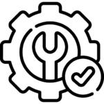 Black and white line drawing of a gear with a wrench inside it, symbolizing field services, settings, or maintenance. A check mark in a circle overlaps the lower right part of the gear, indicating successful operation or completion.