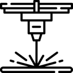 Black and white line drawing of a laser cutting machine emitting a focused beam onto a surface, producing sparks as it cuts through the material—perfect for illustrating advanced field services in action.
