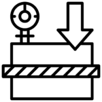 Black and white line drawing of a mechanical device with a circular gauge, a large downward arrow, and a rectangular box with a striped section, representing pressure or weight measurement.