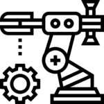 Black and white line drawing of a robotic arm assembling or interacting with a gear, symbolizing automation, industrial robotics, and advancements in field services.