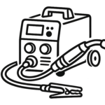 Black and white line drawing of a welding machine with cables, a welding torch, and a ground clamp attached, shown in a simple, stylized manner.