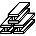 Black and white line drawing of five stacked rectangular metal I-beams, commonly used in construction. This arrangement showcases Industrial Metal Products in two layers—three beams on the bottom and two neatly placed on top.
