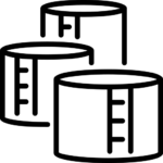 Black and white line drawing of three cylindrical measuring cups or containers, each marked with measurement lines and overlapping in a staggered arrangement, evokes the precision found in industrial metal products.