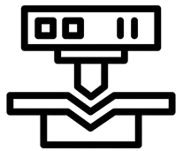 Black and white line icon showing a machine pressing down on a surface, representing a metalworking or industrial press process.