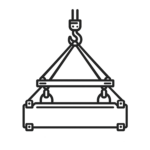 Line drawing of a crane hook lifting a rectangular object with two straps connected to a spreader bar, illustrating a safe lifting method commonly used in field services.
