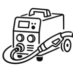 Line drawing of a welding machine with a digital display and control knobs, connected to a welding torch by a thick cable. The industrial design services influence is seen in the machine's portable handle and modern, functional aesthetics.