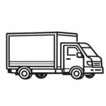 Simple black and white line drawing of a box truck facing right, with a large rectangular cargo area and two visible wheels—ideal for field services transportation.