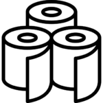 Simple black outline drawing of three rolls of toilet paper, with two in front and one behind, all partially unrolled.