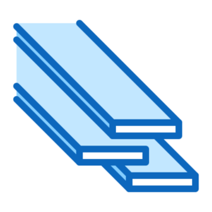 Simple blue line art illustration of three stacked wooden planks, viewed at an angle, on a light gray background.