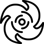 A black, circular abstract symbol resembling a rotating saw blade or four curved blades swirling around a central dot, set against a white background—perfect for representing custom fabrication services.