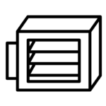 Black and white line drawing of a wall-mounted heater or air ventilation unit with custom fabrication details, including vents on the front and a rectangular extension on the left side.
