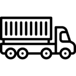 A black and white line drawing of a semi-truck with a large shipping container on its trailer, shown in a simple side view—perfect for illustrating custom fabrication logistics.