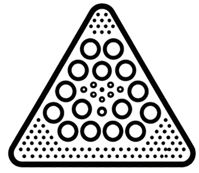 A black triangle outlined in bold, showcasing custom fabrication with multiple circles of various sizes symmetrically arranged inside and small dots filling each corner of the triangle.