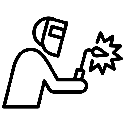 A simple line drawing of a person wearing a protective mask and welding, with sparks coming from the welding torch.