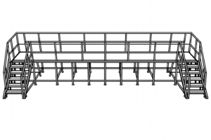 Black and white line drawing of a metal platform structure with staircases on both ends, safety railings, and supporting legs underneath. The elevated, industrial design highlights expert custom fabrication.
