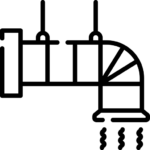 Black and white line drawing of an air duct with two hanging supports. Air is being released from the vent at the right end, represented by wavy lines—ideal for custom fabrication projects.