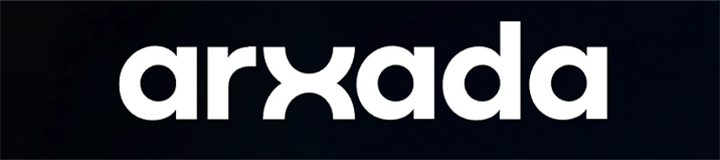 The image shows the word arxada in bold, lowercase white letters on a dark background.