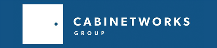 White stylized cabinet door icon next to the words CABINETWORKS GROUP in white, all on a blue rectangular background.
