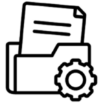 Black and white icon of a folder containing a document, with a gear symbol in front, representing document management or file settings for industrial design services.