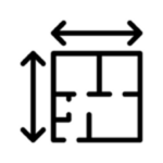 Black and white icon showing a floor plan with vertical and horizontal double-headed arrows next to it, representing width, height, and dimensions—ideal for illustrating industrial design services or room layout planning.
