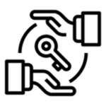 Black and white icon showing two hands surrounding a key, symbolizing key management, security, access control, or sharing important information—perfect for representing industrial design services.