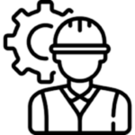 Line drawing of a person wearing a hard hat and vest, standing before a large gear, representing an engineer or construction worker involved in industrial design services or technical industries.