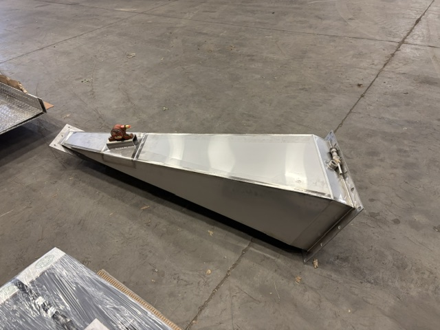 Custom 304 stainless steel transition chute with twist and offset, fabricated by AM Metal