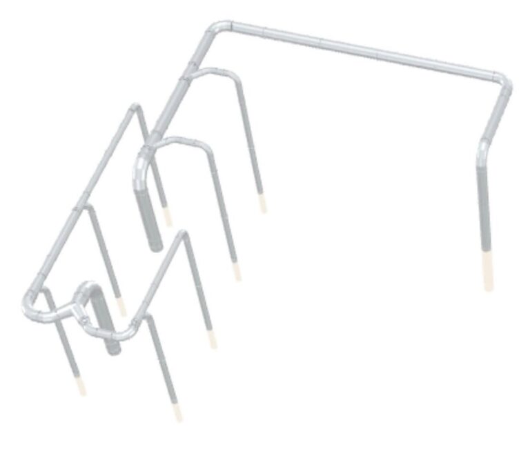 Custom fabricated tubular metal frame assembly with multiple bends and connected steel tubing